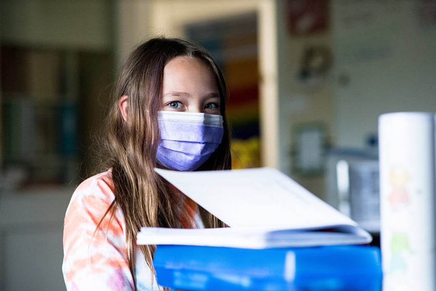 Girl student with face mask going back to school